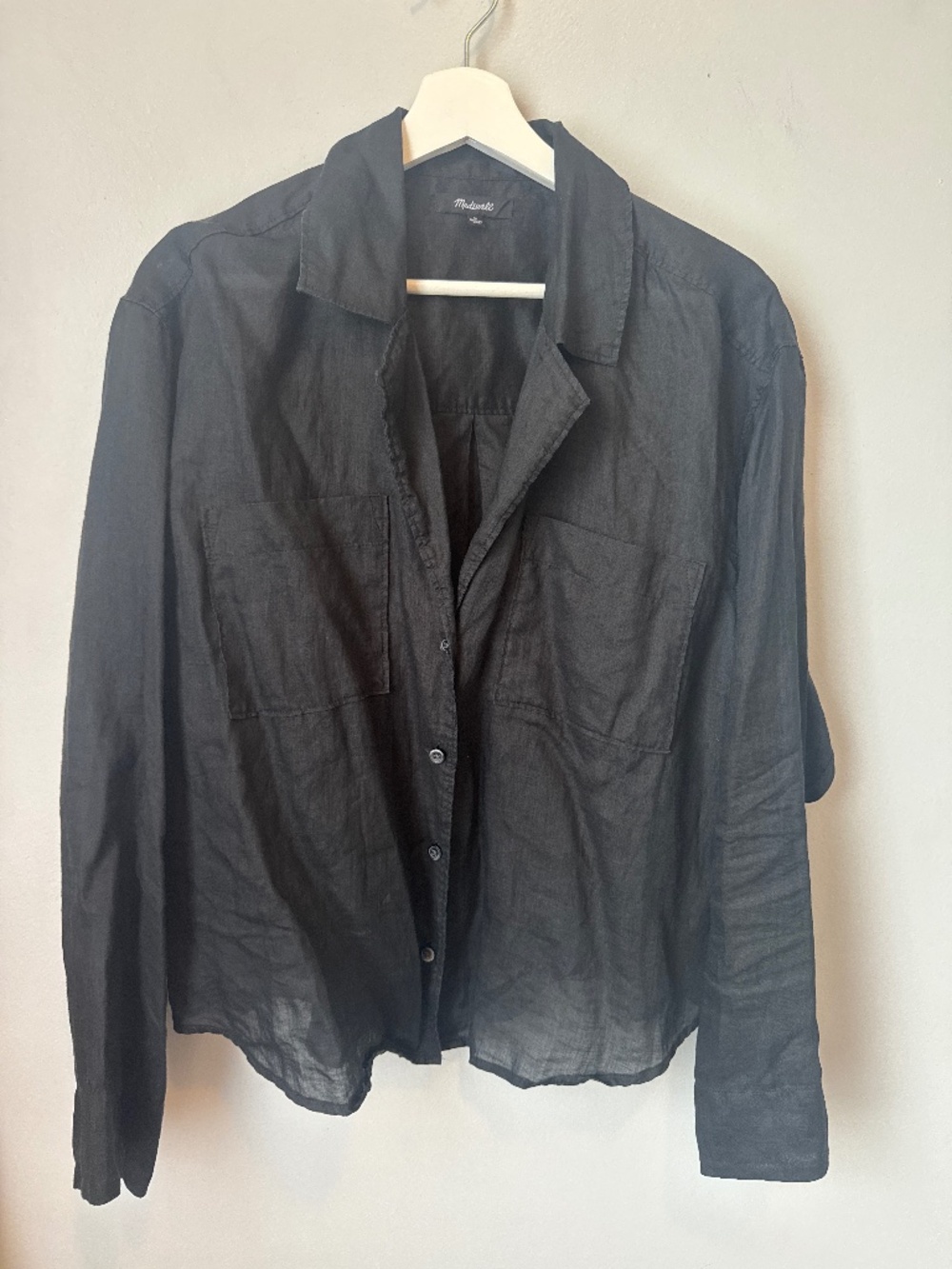 Madewell black oversized sheer button up with front pockets